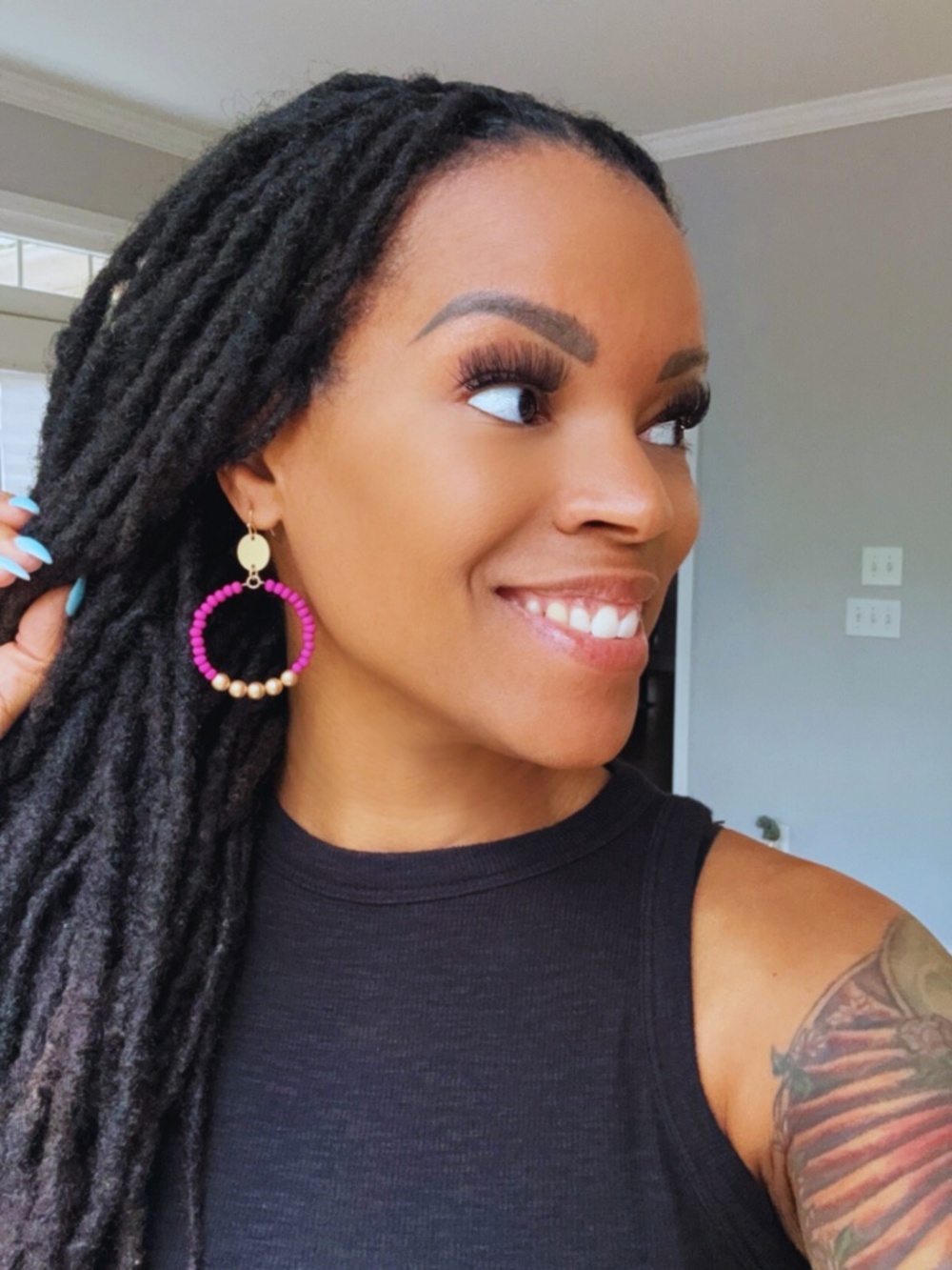 Fuchsia Wood Beaded Circle Earrings